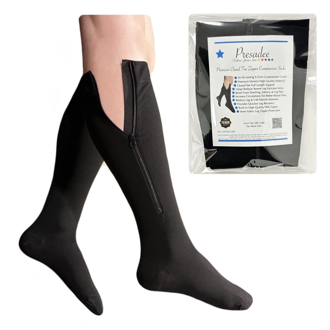 Presadee Closed Toe 30-40 mmHg Extra Firm Zipper Compression Leg Swelling Socks (Black, 1)