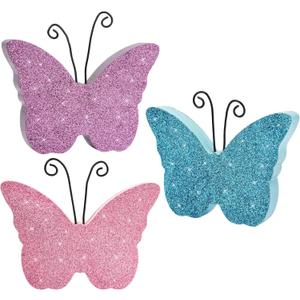 Butterfly Spring Decorations for Home, Wooden Butterflies Blocks Tiered Tray Decoration Set, Pink Blue Spring Table Top Decor for Office Party Shelf Door (Glitter 3PCS)
