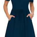 AUSELILY Women's Short Sleeve Empire Waist Dress Pleated Loose Swing Knee Length Dresses with Pockets 2025 New (X-Large, 01-navy Blue)