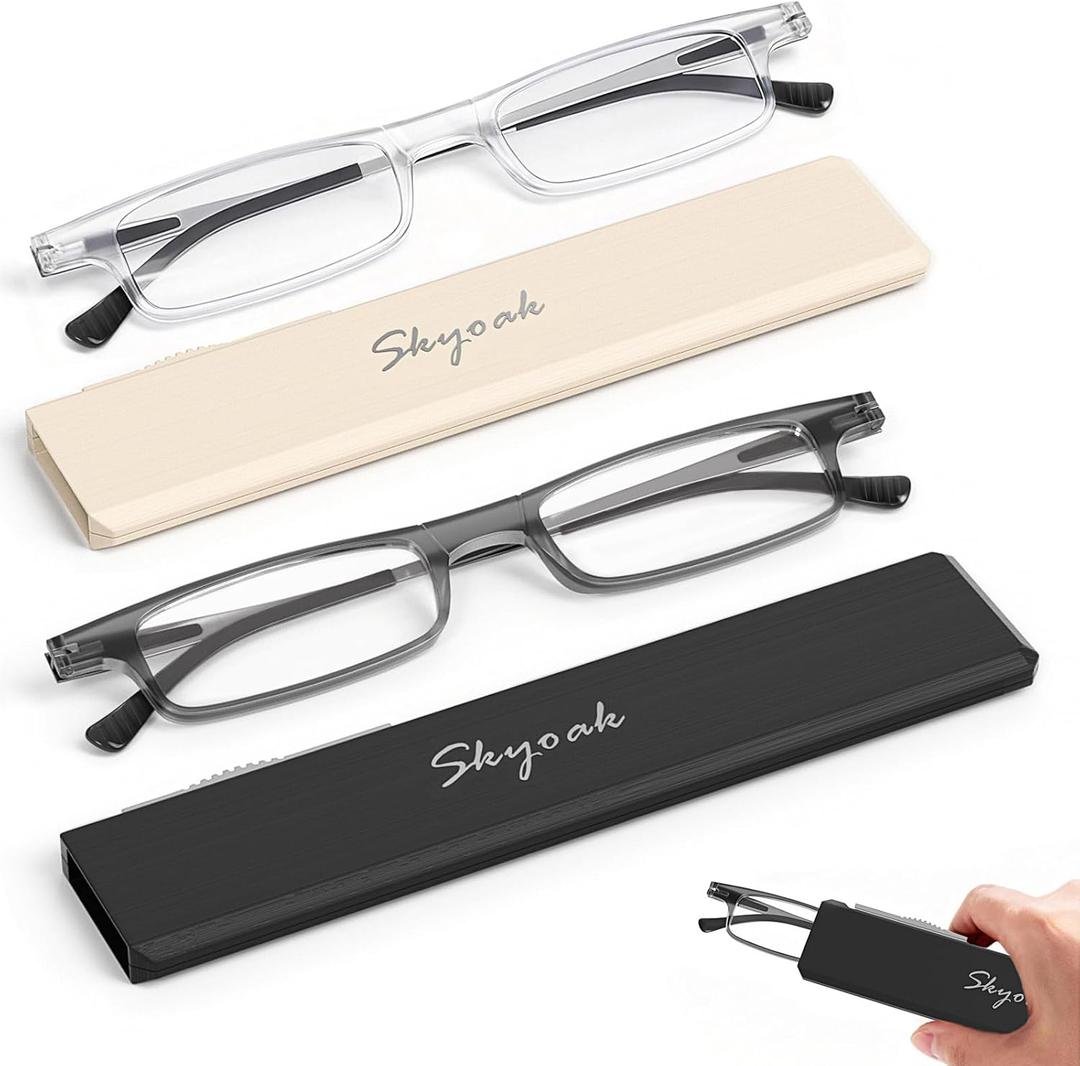 SKYOAK 2 Pack Ultra Thin Lightweight Folding Reading Glasses for Women, TR90 Compact Anti Blue Light/Eyestrain Computer Readers, Foldable Unique Stretchable Slim Flat Case, Gunmetal and Clear +1.5