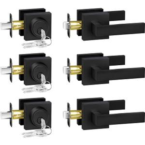 Exterior Door Lock Set, Door Locks for Front Door with Single Cylinder Deadbolt Lock, Matte Black Flat Square Passage Door Handle with Key for Front Door, 3 Pack (All Same Keyed Alike)