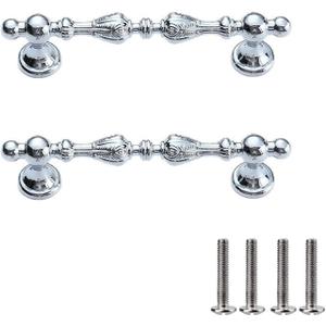 2 Pack Zinc Alloy Vintage Drawer Pulls with Screws - Ornate Drawer Handles for Kitchen Cabinets, Dresser Drawers, Furniture Hardware (Brushed Silver, 5.04 inch Hole spacing)