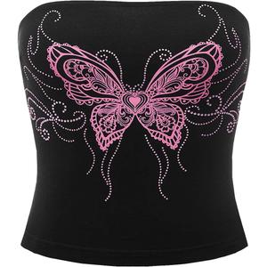 SOLY HUX Women's Rhinestone Cute Print Y2K Crop Tops Sleeveless Strapless Summer Bandeau Tube Top (Black Butterfly)