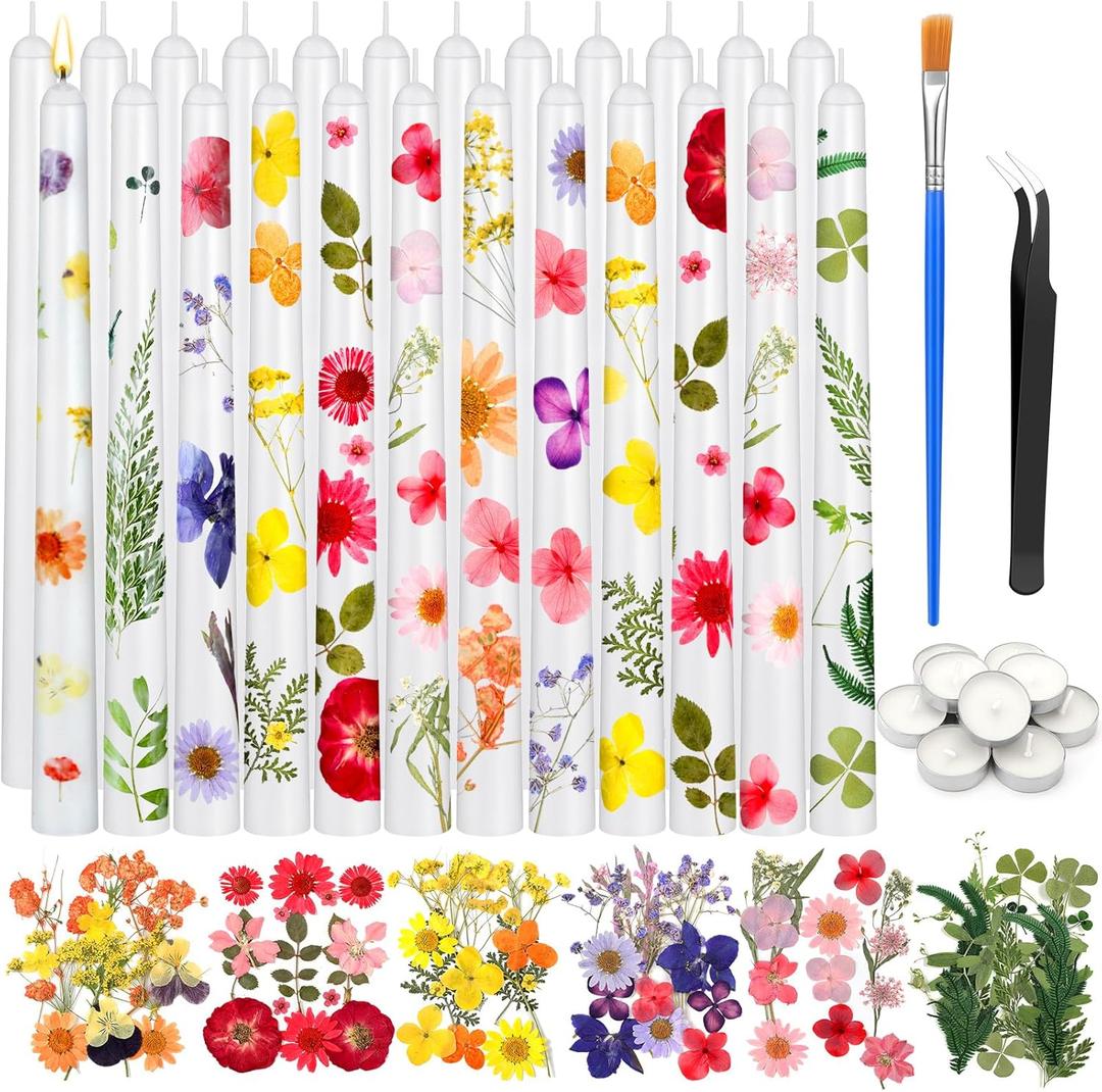 MTLEE 30 Pack Pressed Flower Candles Making Kit 6 Set Dried Pressed Flowers 12 White Taper 10 White Tealight Candles with Tweezers Brush for DIY Crafts Birthday Wedding Party Favors