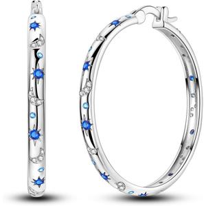 Hapour Sterling Silver Cubic Zirconia Hoop Earrings for Women Teen, Hypoallergenic Rhinestone Earrings Sparkly Crystal Moon Star Hoops, Round#A