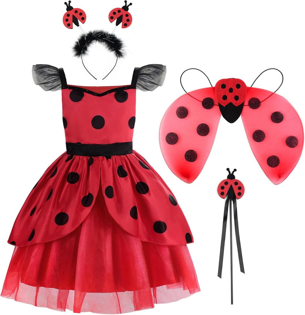 Sleeveless Ladybird Dress for Girls Dress Up Birthday Halloween Christmas (6-7Y/130, New Red (Sleeveless))