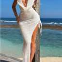 RoseSeek Women's Textured V Neck Cover Up Halter Neck Backless Maxi Dress Side Drawstring Bodycon Dress Swimsuits (White, L)