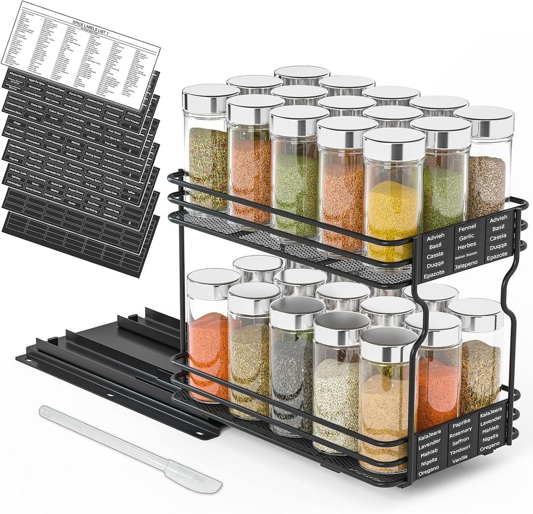SpaceAid Pull Out Spice Rack Organizer for Cabinet, Heavy Duty Slide Out Seasoning Kitchen Organizer, Cabinet Organizer, with Labels and Chalk Marker, 6.5" W x 10.75 D x 8.5 H, 1 Drawer 2-Tier