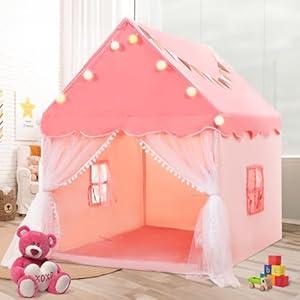 EagleStone 2-in-1 Kids Tent,Large Play Tent with Padded Mat and Lights,Kids Playhouse with 2 Doors & 4 Windows,2 Large Side Pockets,Indoor Outdoor Kid Play Tent for Toddlers,53" x40" x 51" (Double Door White)