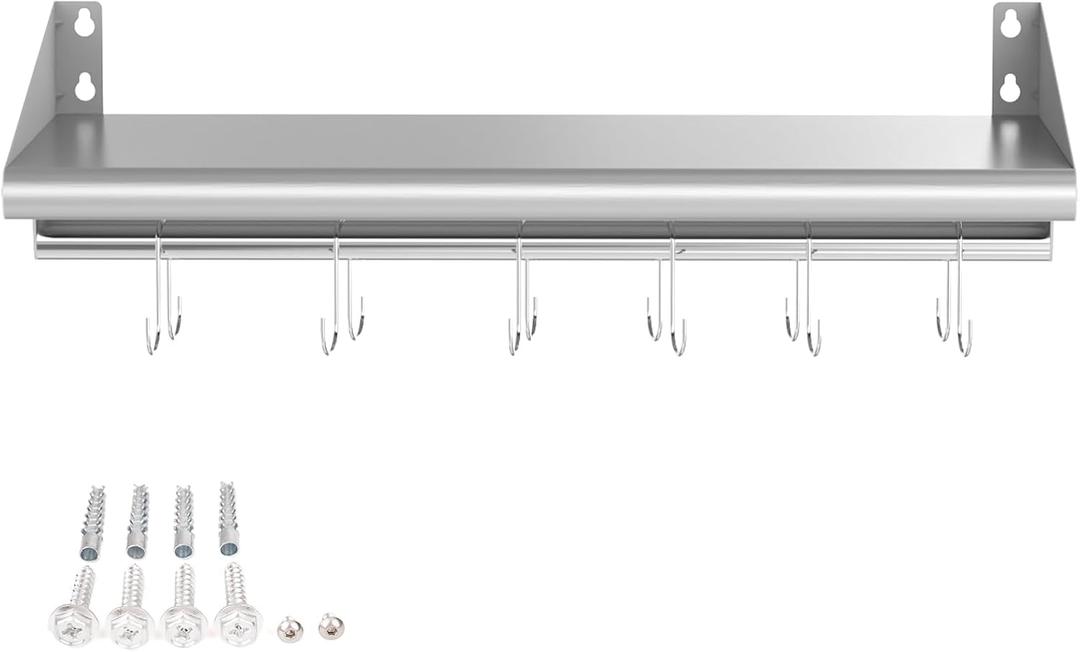 Skyflame 12" x 36" Stainless Steel Shelf Wall Mounted, Wall Shelf Rack with 6 Hooks for for Kitchen, Bathroom and Living Room Storage Hanging