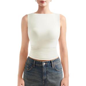 SUUKSESS Women Double Lined Sleeveless Going Out Basic Tank Tops Ruched Summer Casual T Shirts (White, Small)