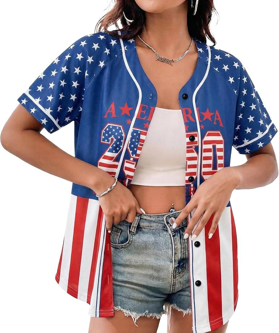 JINTING 4th of July USA Jerseys American Flag and Star Patriotic Shirt | Forth of July Button Down Usa Jerseys for Women, Large