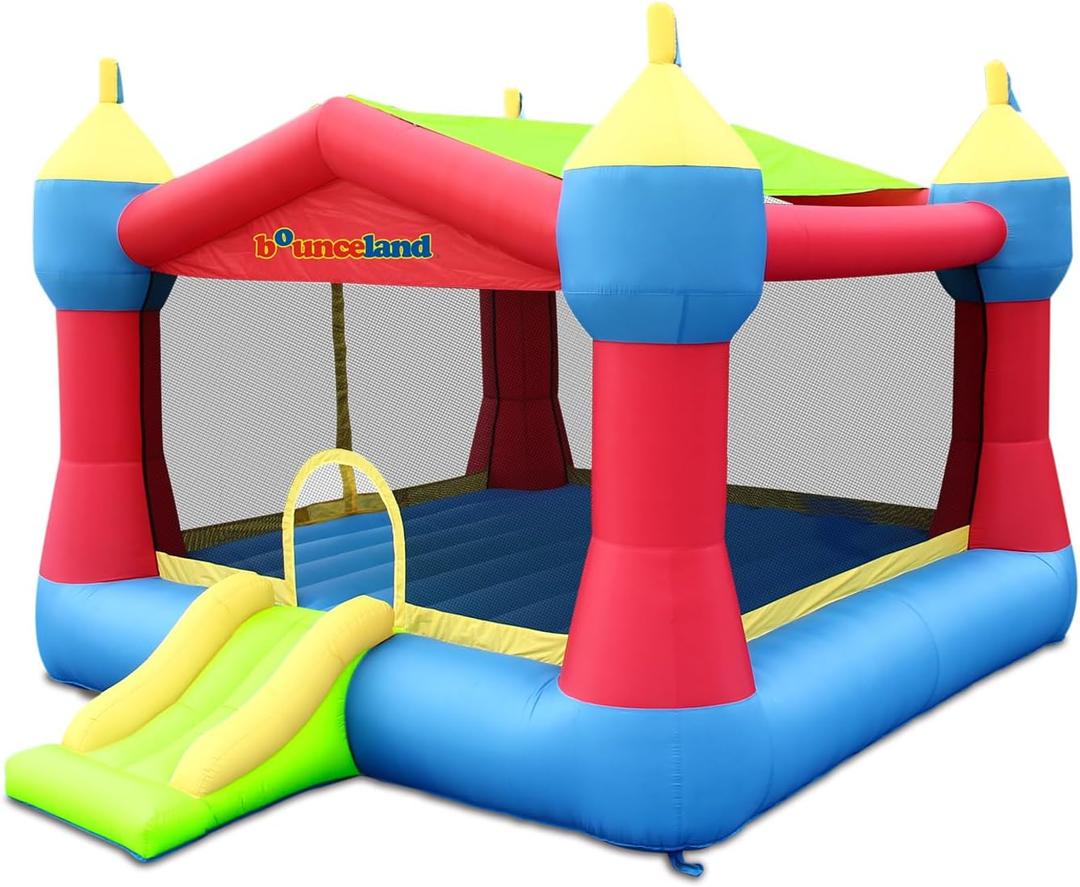 Bounceland Inflatable Party Castle Bounce House Bouncer, 16 ft L x 13 ft W x 10.3 ft H, Basketball Hoop, Removable Sun Roof, UL Strong Blower included, Fun Slide and Bounce Area, Castle Theme for Kids