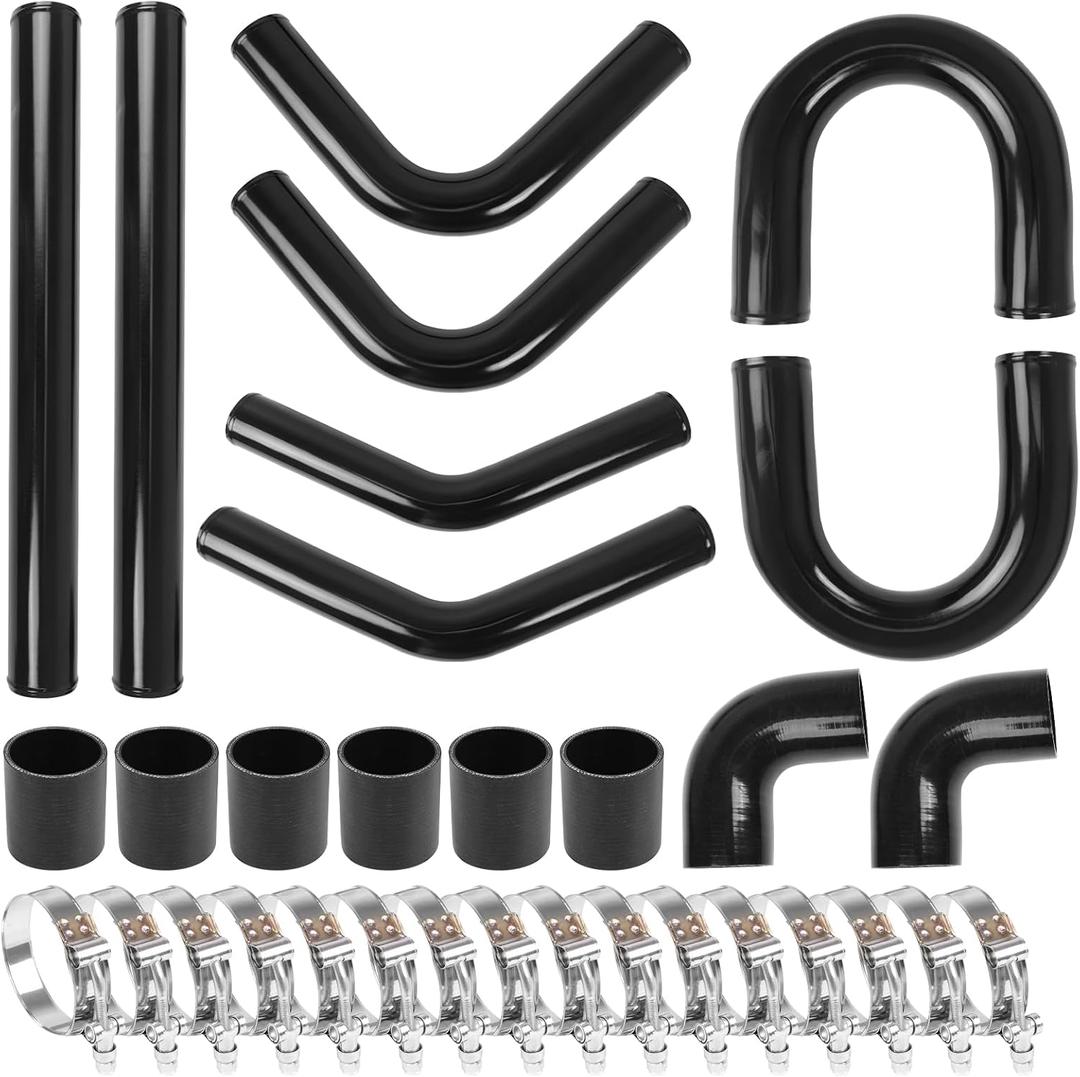 3" Universal Intercooler Kit Aluminum Turbo Intercooler Piping U-Pipe Kit with Coupler and T-Clamps DIY Custom Pipe 32Pcs-Black