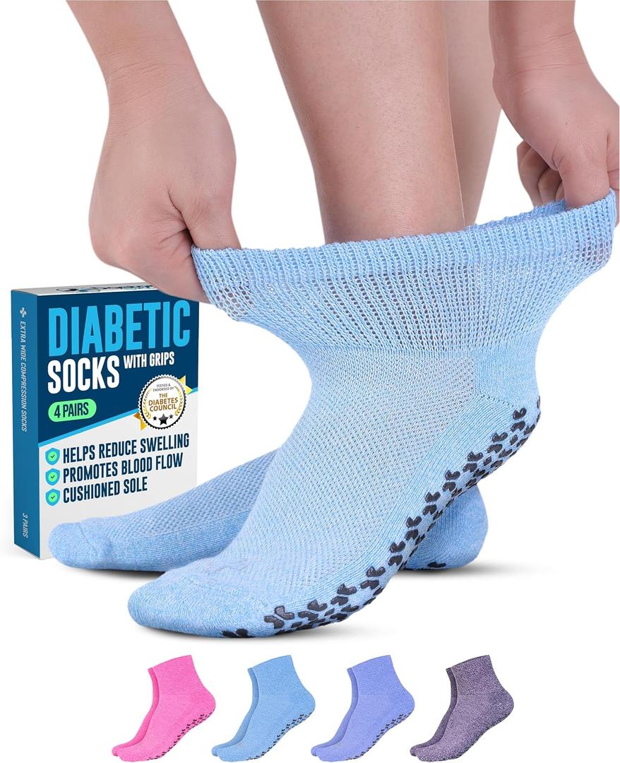 Doctor's Select Diabetic Ankle Hospital Socks with Grips for Women Men - 4 Pair 1/4 Length Neuropathy Socks for Women