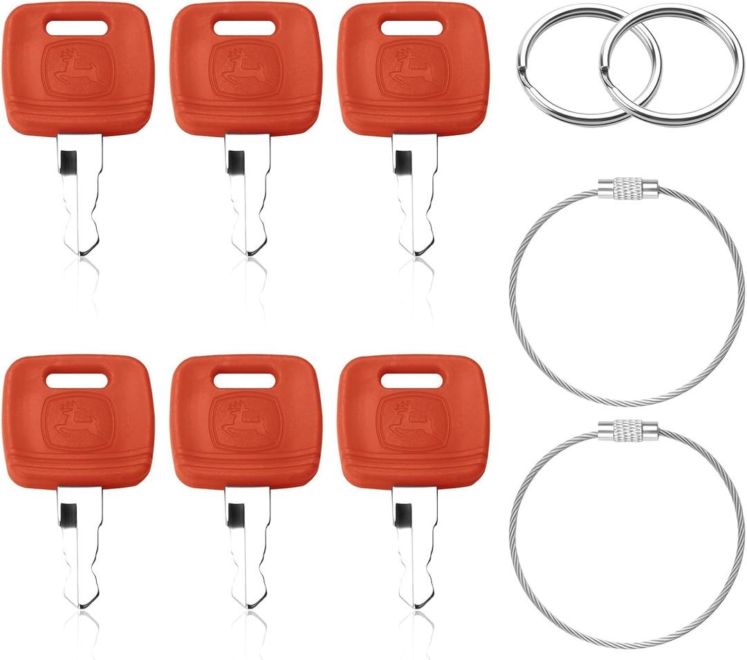 6 Piece Tractor Key Set  Includes 6 Replacement Keys, 2 Key Rings, and 2 Steel Rope Rings | Compatible with Ignition Keys RE183935 & RE71557 for John Deere Tractors 110TLB, 2032R, 2038R, 5320 & More