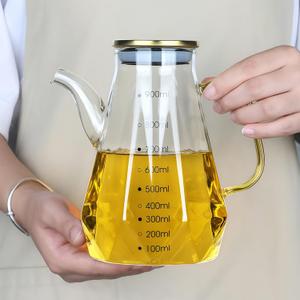 Glass Oil Dispenser Bottle - Glass Olive Oil Bottle for Kitchen, Wide Mouth Borosilicate Glass Cooking Oil Bottles with Lid and Handle (900ML)