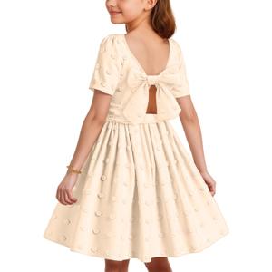 Putysenxi Girls Dresses Tie Back Swiss Dot Short Sleeve Square Neck Casual Spring Summer Teens Princess Midi Dress Champagne, (9-10Y)