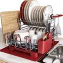 BOOSINY 2 Tier Red Large Stainless Steel Dish Drainers Drying Rack for Kitchen Counter with Drainboard, Rust Proof Metal, Space Saving, Modern Aesthetic, Compact Plates Strainers with Extra Mat