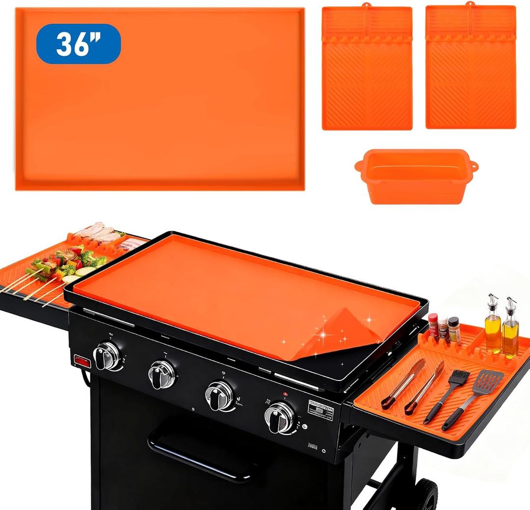 4 Pcs Blackstone Accessories for Griddle - 36" Blackstone Silicone Mat, 2x16 Spatula Mats & Grease Cup Liners, Food Grade Silicone Grill Cover Full-Edge Protect for All-Season Outdoor Use, Orange