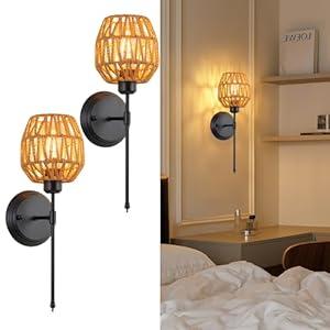 YONGYIPE 2 Pack Sconces Wall Lighting Rattan Wall Sconce Hardwired Hand Woven Wall Lamps for Living Room Bedroom Nursery Room, E26 (Bulbs Not Included)