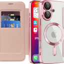 Dteck for iPhone 16 Case 6.1" 2024, Clear Back Magnetic Flip Wallet Phone Case with RFID Blocking Card Slots & Camera Lens Protector, Compatible with MagSafe, PU Leather Fold Cover with Stand, Pink