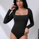 Laughido Women's Square Neck Long Sleeve Fitted Bodysuit Double Lined Fall Basic Trendy Tee Shirt Tops (Black, M)