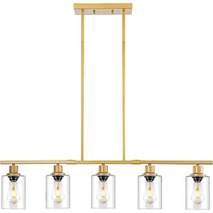 39.4" Kitchen Island Lighting, 5 Lights Clear Glass Pendant Light Fixtue, Golden Linear Metal Chandelier for Dining&Living Room Foyer,Height Adjustable,E26 Socket