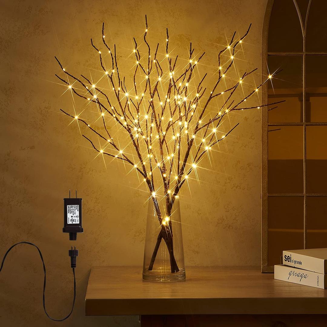 Fudios Lighted Branch Plug in with Timer Willow Branches with Fairy Lights for Vase Twig 32IN 150 LED Outdoor and Indoor Holiday Party Decor