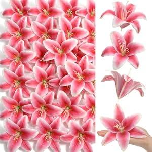 Suncalla 20 Pack Large Artificial Lilies Flower Heads with Realistic Stamens 5.9" Faux Fake Lily Flower Heads Bulk for DIY Crafts Cake Wedding Bridal Wreaths Table Home Party Decor (Dark Pink)
