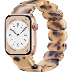 Stretchy Resin Watch Band Compatible with Apple Watch 40mm 38mm 44mm 42mm 41mm 45mm 49mm Women Men, Light Waterproof Strap for iWatch Bands Series 10 9 8 7 6 5 4 3 2 1 SE Ultra/Ultra 2 (44mm/45mm/46mm/49mm/42mm(Series 3)-S: 5.3"-6.7", Blonde Tortoise)