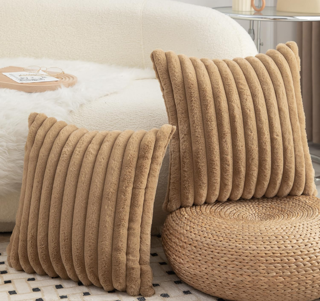 Pack of 2 Decorative Throw Pillow Covers Faux Fur Striped Plush Soft Cushion Covers Pillow Cases Bedroom Living Room Sofa Home 18x18 Inch Camel