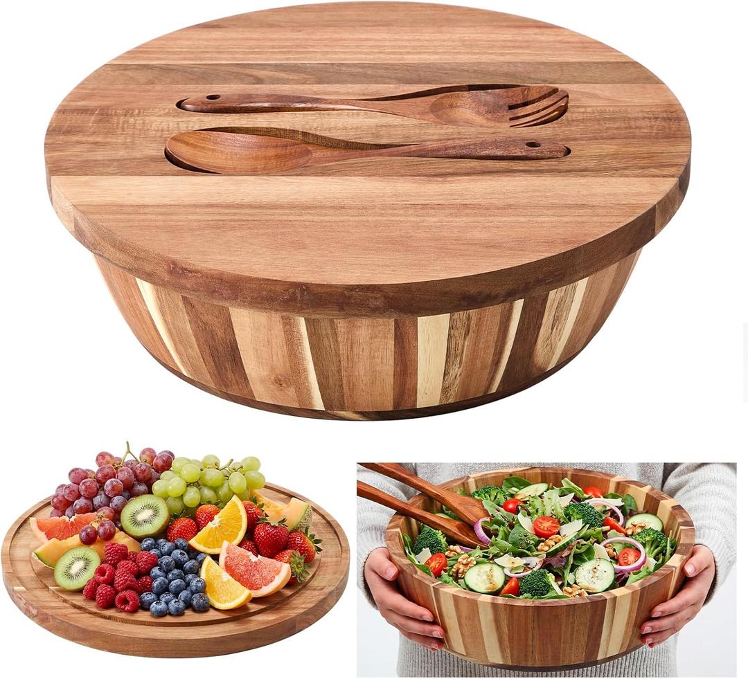 Geiserailie 14" Extra Large Acacia Wood Salad Bowl Set, 2-in-1 Serving Bowl