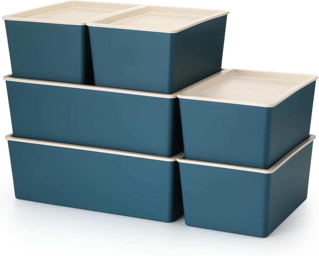 6 Pcs Large and Small Plastic Storage Bins with Lids 14.4 x 10.4 x 5.1 inch Stackable Storage Containers Durable Box Baskets for Organizing Shelves Playroom Classroom Office (Blue)
