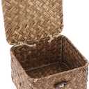 Hipiwe Seagrass Basket with Lid Wicker Storage Basket Square Handwoven Decorative Baskets Box for Shelf Multipurpose Household Baskets Home Decor,X-small (Coffee)