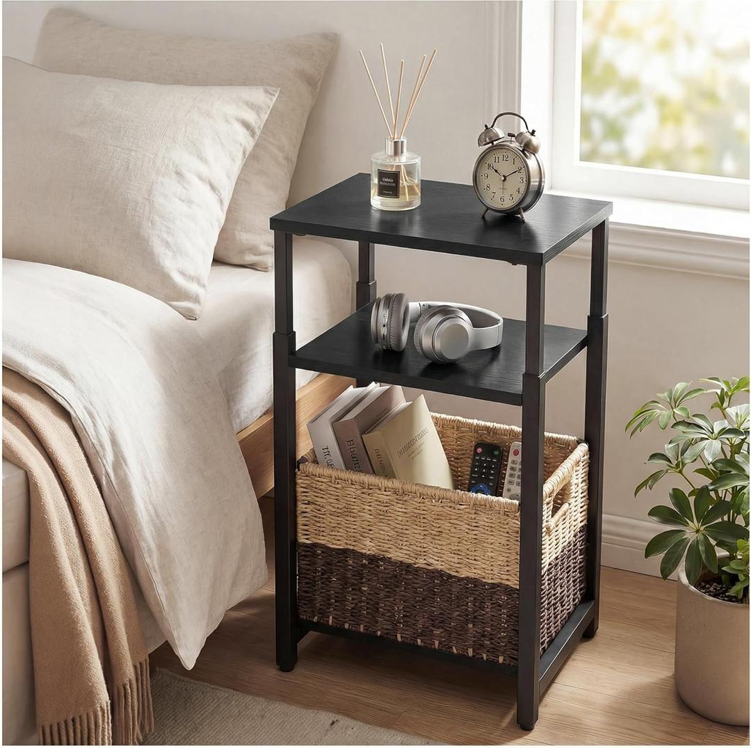 Side Table with Storage Basket, Small End Table with Adjustable Height Design for Living Room, Bedroom Nightstand Bedside Table for Small Spaces (Black)