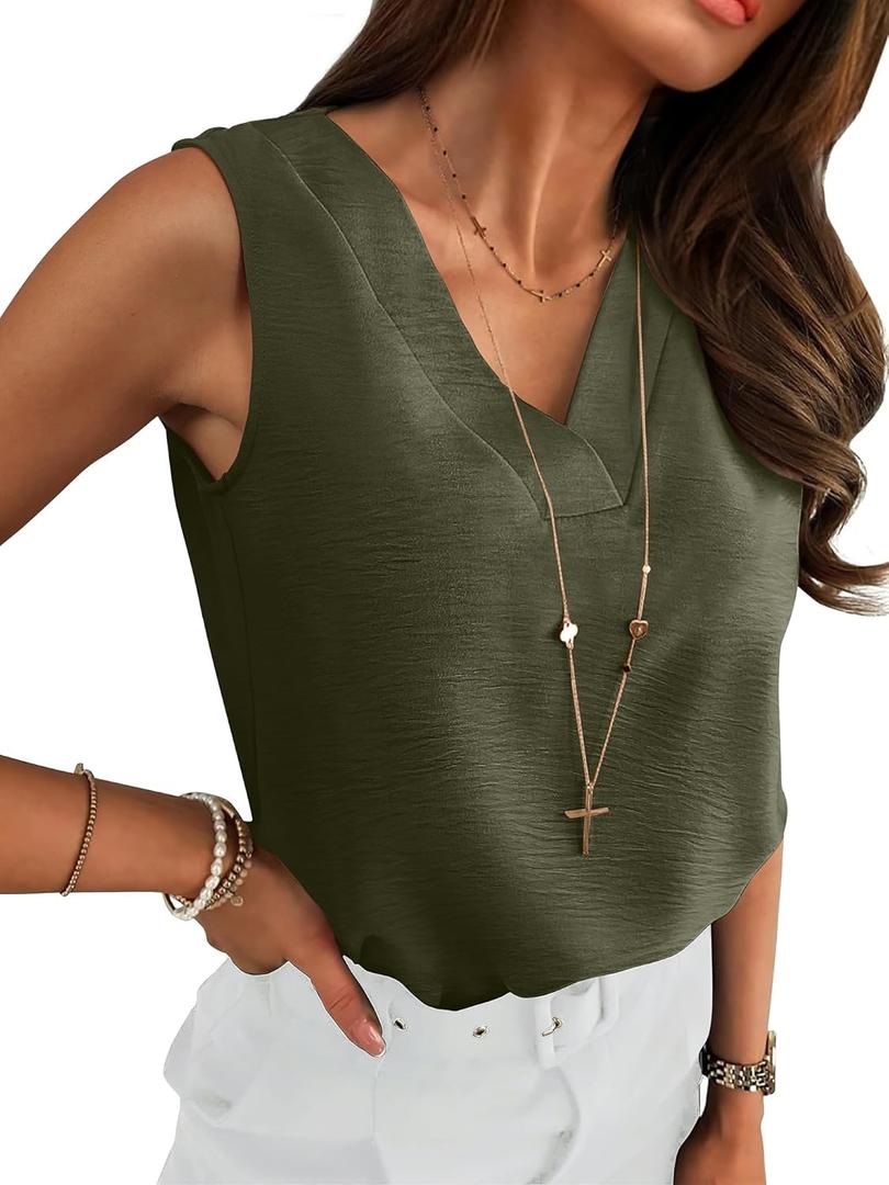 ANRABESS Tank Top for Women Dressy Casual Business Work Blouses Sleeveless V Neck Textured Tops 2025 Spring Summer Outfits (Large, Army Green)