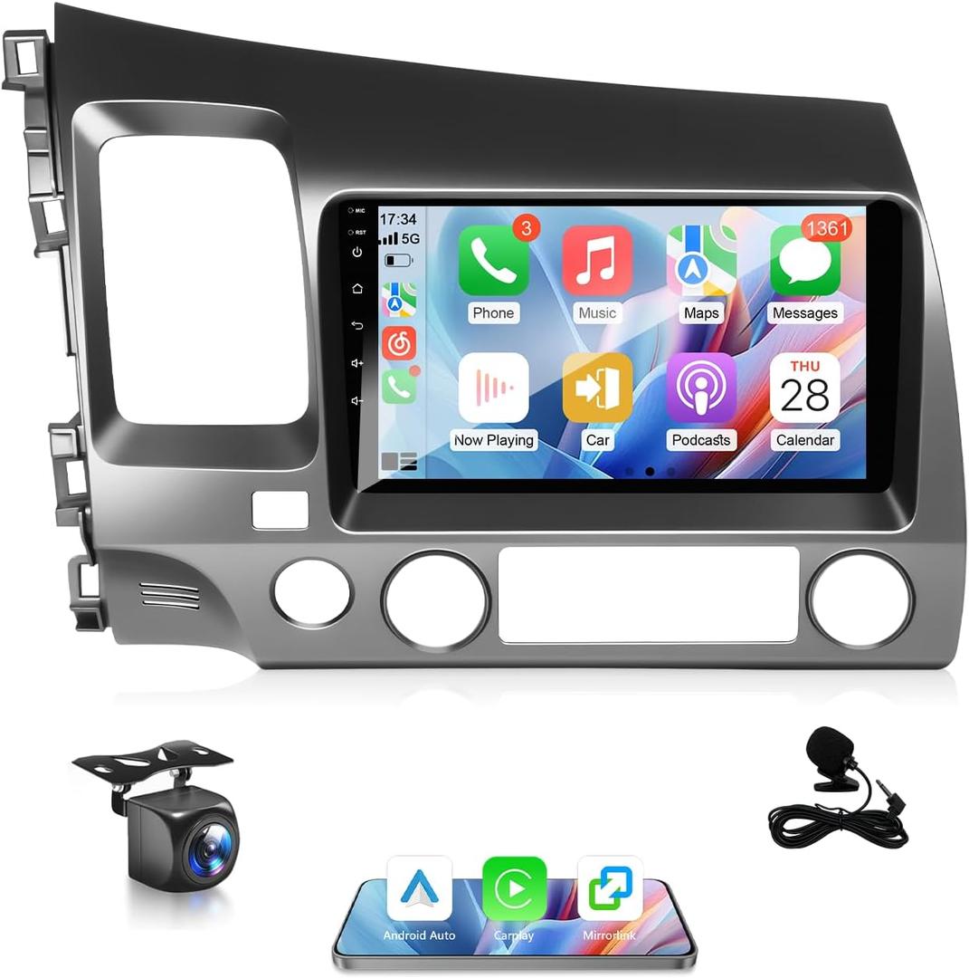 VQU for Honda Civic 2006 to 2011 Wireless Carplay Android Car Stereo, Android 13 Car Radio Touch Screen Support WiFi GPS Navigation Backup Camera FM RDS DPS BT5.1 Mirror Link SWC, Support Airbag (9IN,8-Core,2GB+32GB,Support Airbag)