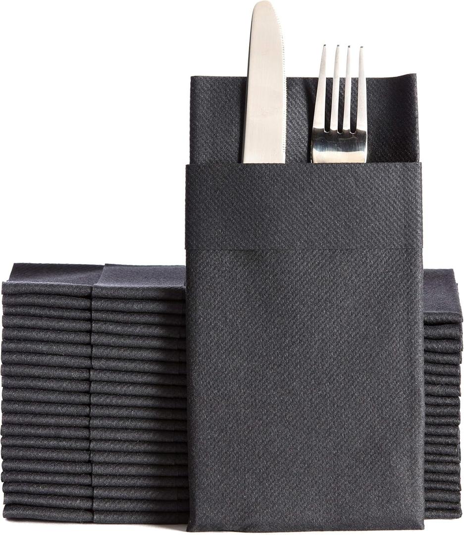 Black Dinner Napkins Cloth Like with Built-in Flatware Pocket, Linen-Feel Absorbent Disposable Paper Hand Napkins for Kitchen, Bathroom, Parties, Weddings, Dinners or Events, 16x16 inches, Pack of 50