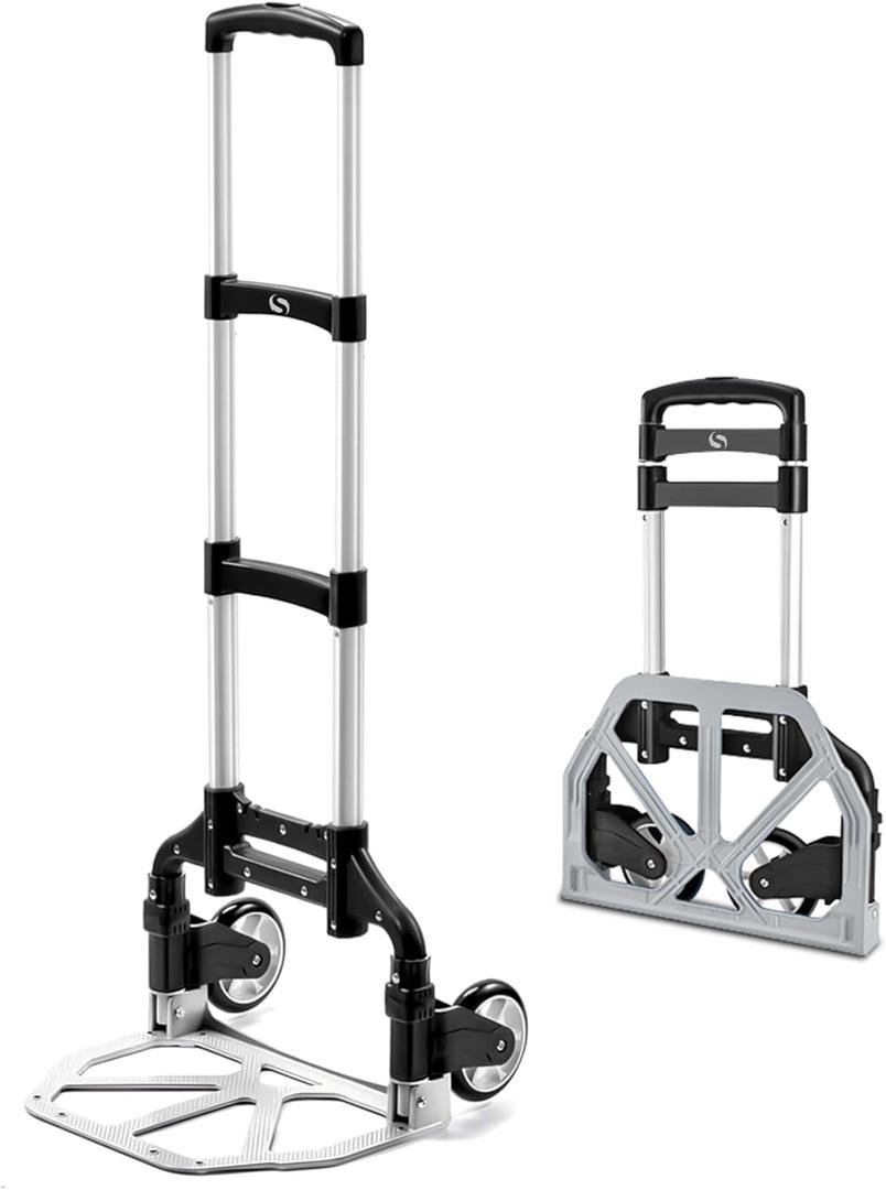 Folding Hand Truck, Dolly Cart with Wheels Foldable, Lightweight Aluminum Luggage Cart Portable Collapsible Trolly for Utility Cart, Hand Trucks for Moving Travel Shopping Airport Office (Sliver)
