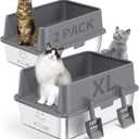 2PACK Stainless Steel Cat Litter Box with High Sides Lid, Extra Large XL Litter Box for Big Cats, Metal Kitty Litter Boxes with Anti-Leakage Enclosure,Non-Stick,Odorless,Scoop Included (2PK-Dark Grey)