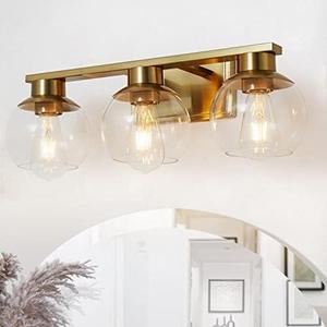 2-Light Brushed Brass Bathroom Vanity Lights, Gold Bathroom Light Fixtures Over Mirror with Globe Glass Shade, 22in Modern Wall Sconces for Bath Mirror Bedroom Hallway, E26 Base (Bulbs Not Included)