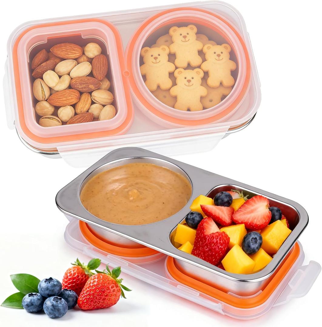 Palksky Stainless Steel Snack Containers, 2 Compartment Snack Box for Adults, Work & Travel, Reusable Food Storage Containers, 2 Packs