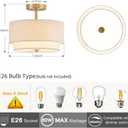 Zlepmlla 12.6'' Semi Flush Mount Ceiling Light, Gold Light Fixture with Two Layers Fabric Linen Shade, 3-Light Drum Light Fixture for Entryway Bedroom Hallway Foyer Kitchen, 12.6in