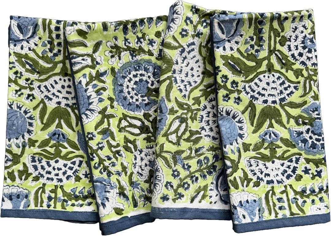 ATOSII Amara 100% Cotton Summer Dinner Napkins, Block Print, Durable Linen for Everyday Use, Weddings, Parties, Outdoors I 20 X 20 Inches, Set of 4 I Farmhouse Grandmillennial Coastal Table Decor