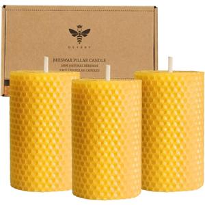Beeswax Pillar Candles Set of 3 - Handmade Pure Beeswax Rolled Candles for Gift & Home Decor (23.3 in) (Yellow)