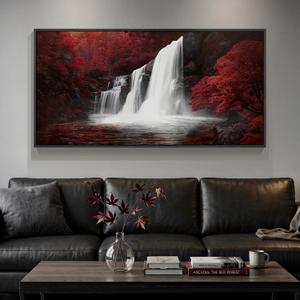 Framed Burgundy Landscape Waterfall Wall Art for Living Room, Extra Large Red and Black Scenery Artwork for Walls, Horizontal Canvas Prints Pictures Dining Room Bedroom Hallway Wall Decor, 60x30 Inch