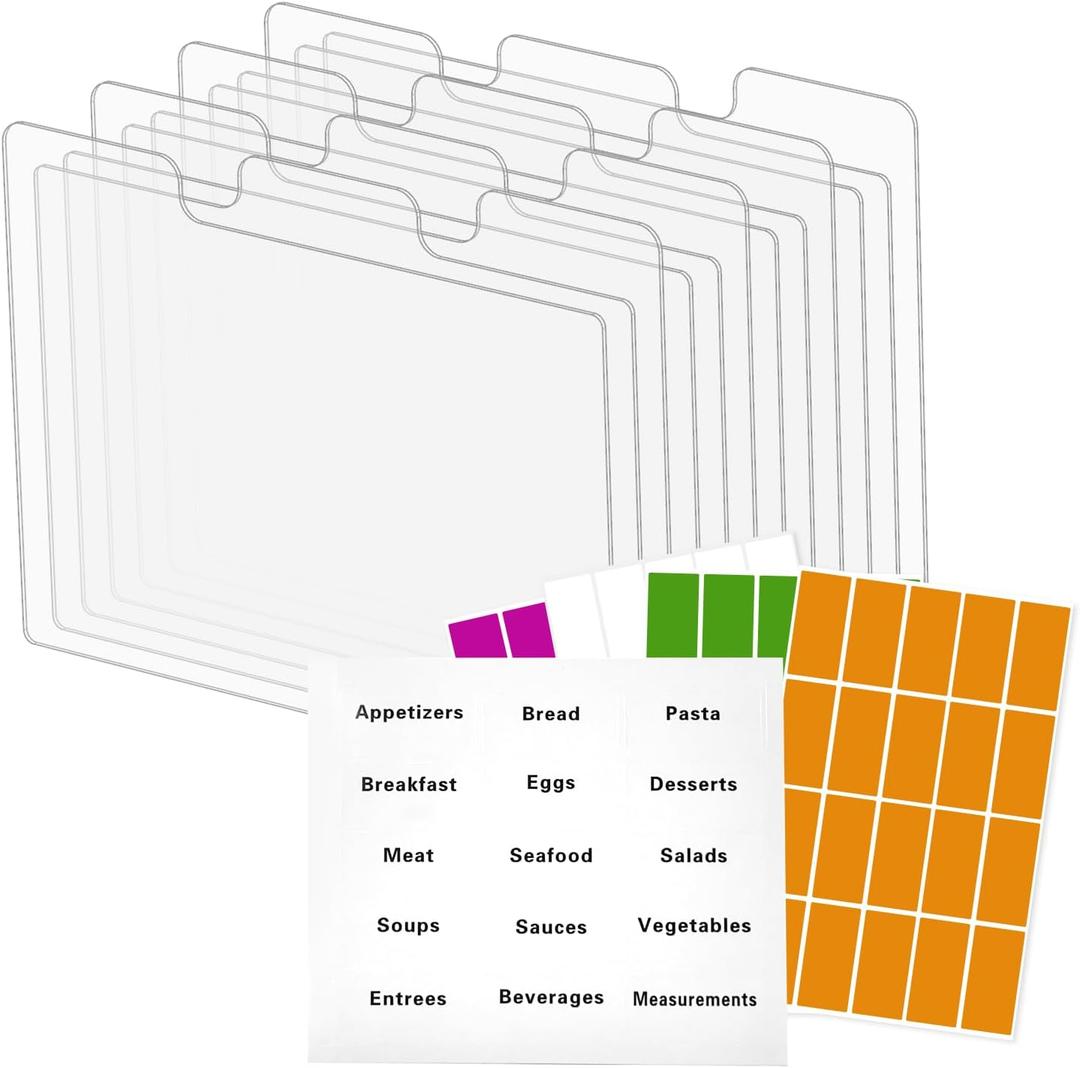 12 Clear Acrylic Recipe Card Dividers 4x6 with Tabs, Durable Recipe Box Dividers, Including 1 Pre-Printed and 4 Blank Label Sheets