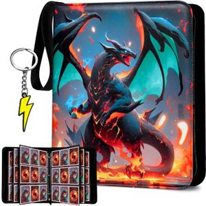 Trading Card Binder 9-Pocket Display Pocket & ID Slot, Holds 900 Cards, Zippered 3-Ring Card Album with 50 Removable Sleeves for TCG/Sports Cards + Metal Keychain