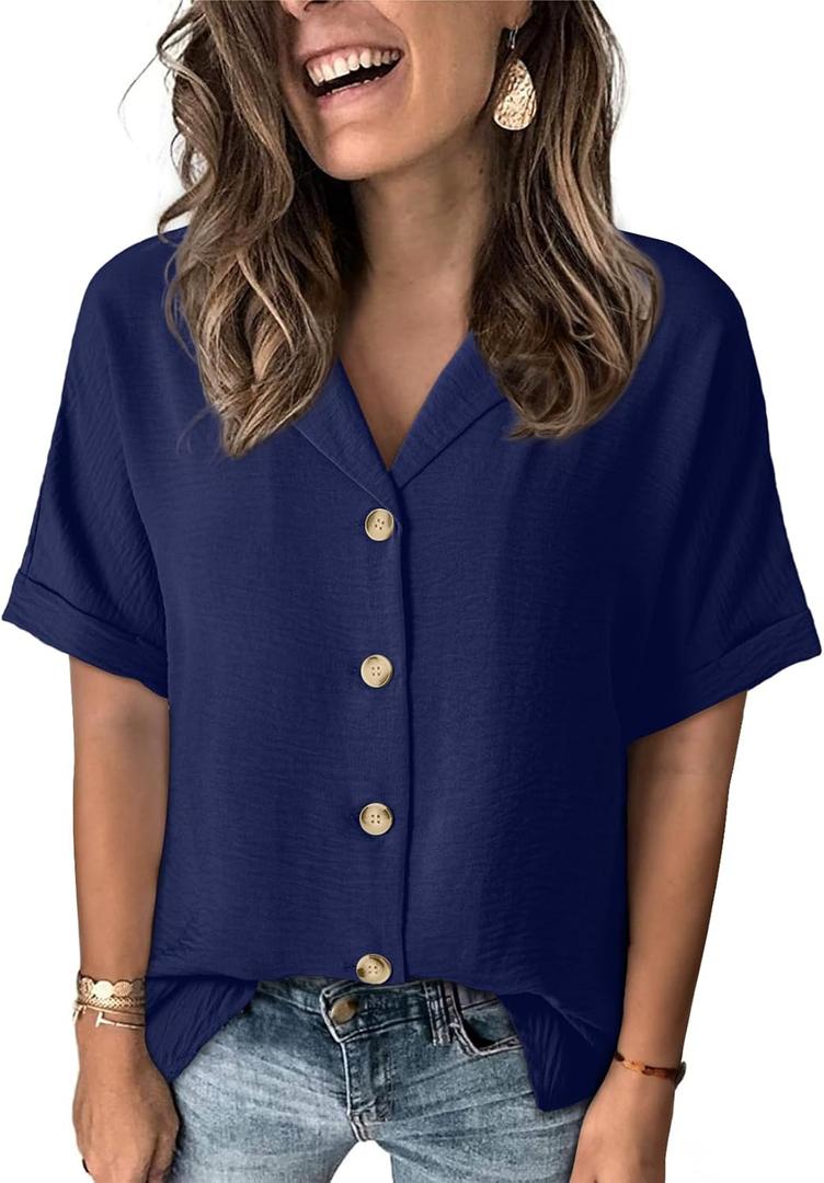 Dokotoo Women's Dressy Casual V Neck Short Sleeve Button Down Shirts Relaxed Work Business Loose Blouses Tops (Blue) L